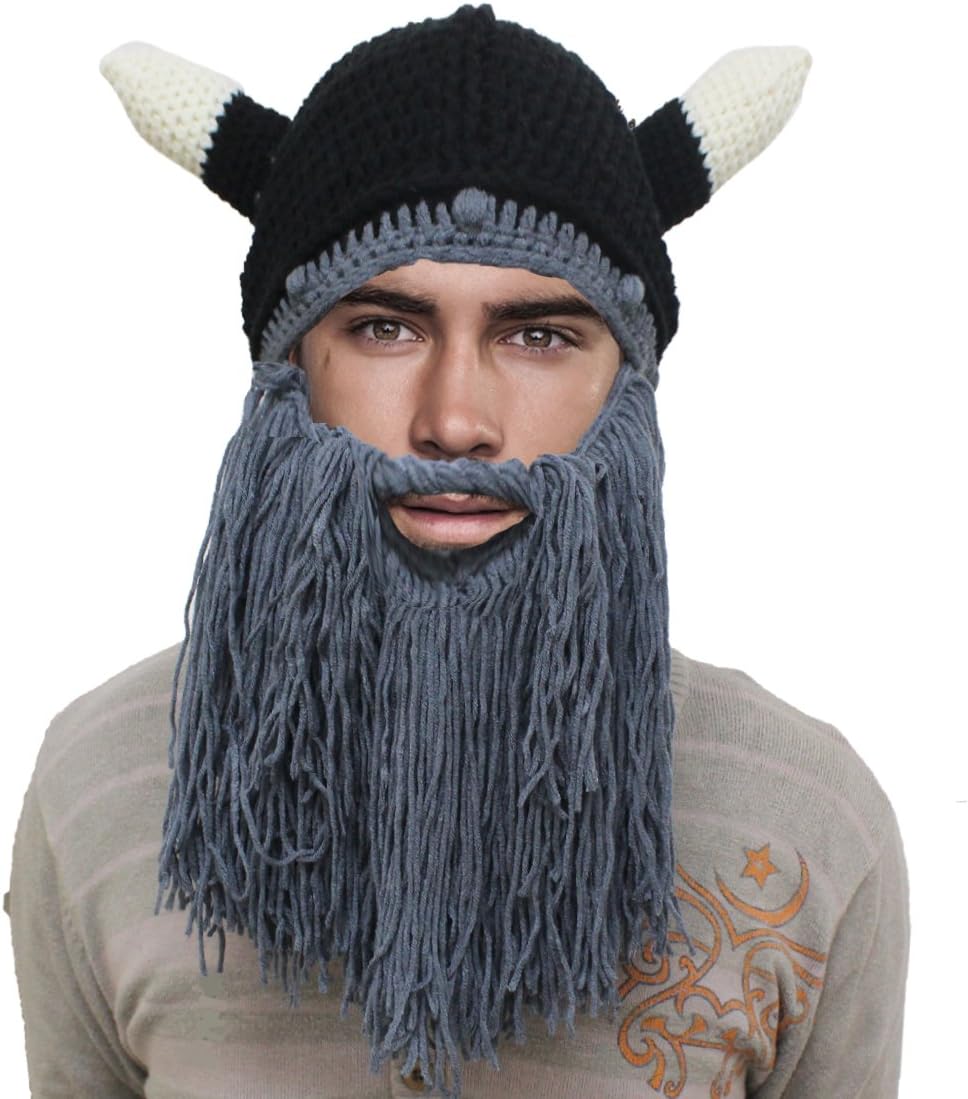 GIANCOMICS Funny Bull Cow Horn Cosplay Beanie Crochet Knit Beard Hat Wind Cap