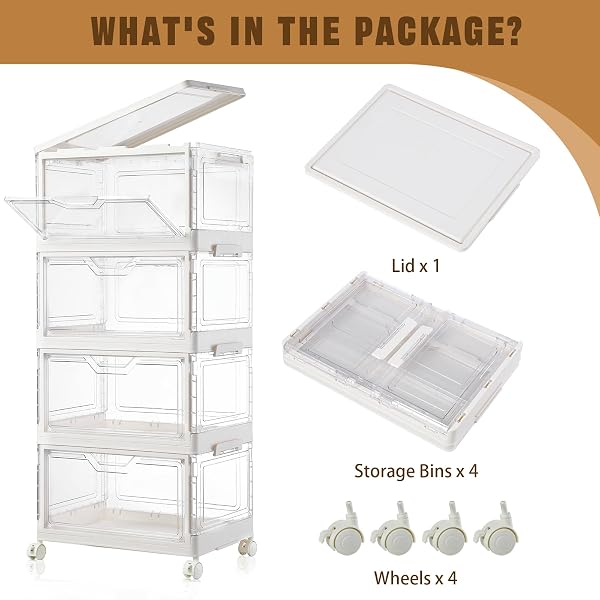 FREEBAT COLLAPSIBLE PLASTIC STORAGE BINS WITH WHEELS, CLEAR STACKABLE STORAGE BINS WITH LID, STACKABLE STORAGE BINS WITH OPEN DOOR, FOLDING STORAGE BINS ORGANIZER FOR CLOSET, BEDROOM, LIVING ROOM