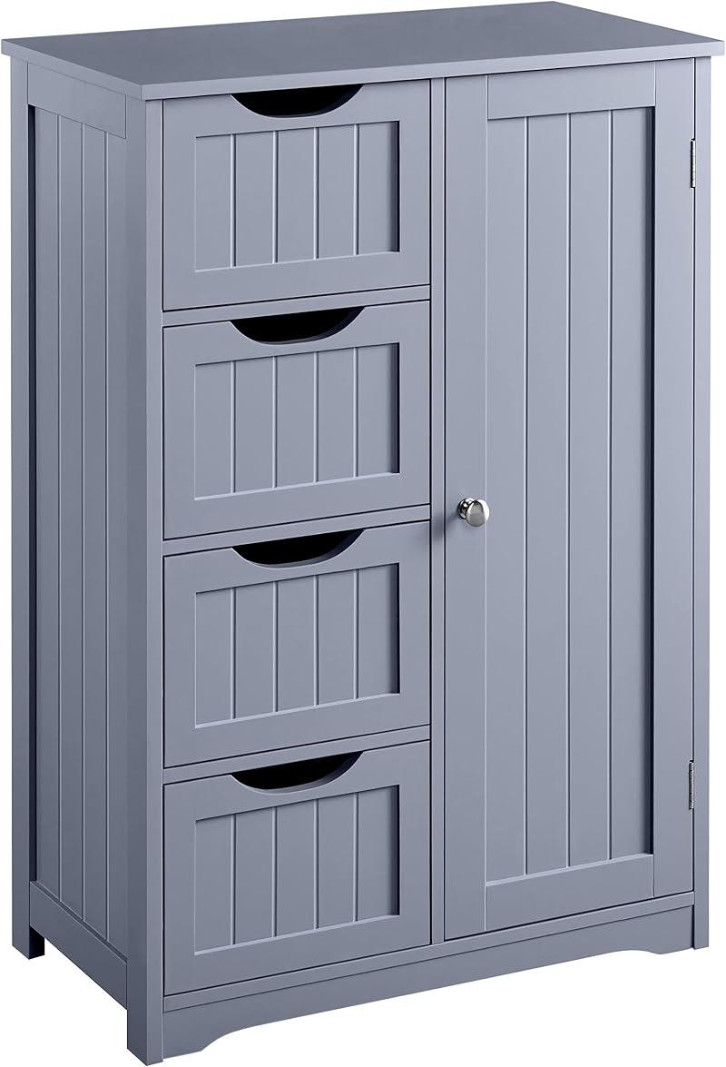 Yaheetech Bathroom Floor Cabinet Grey with 4 Drawers 1 Door Adjustable Shelf