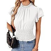 LYANER Women's Shirred Frill Mock Neck Smocked Ruffle Trim Short Sleeve Blouse Top