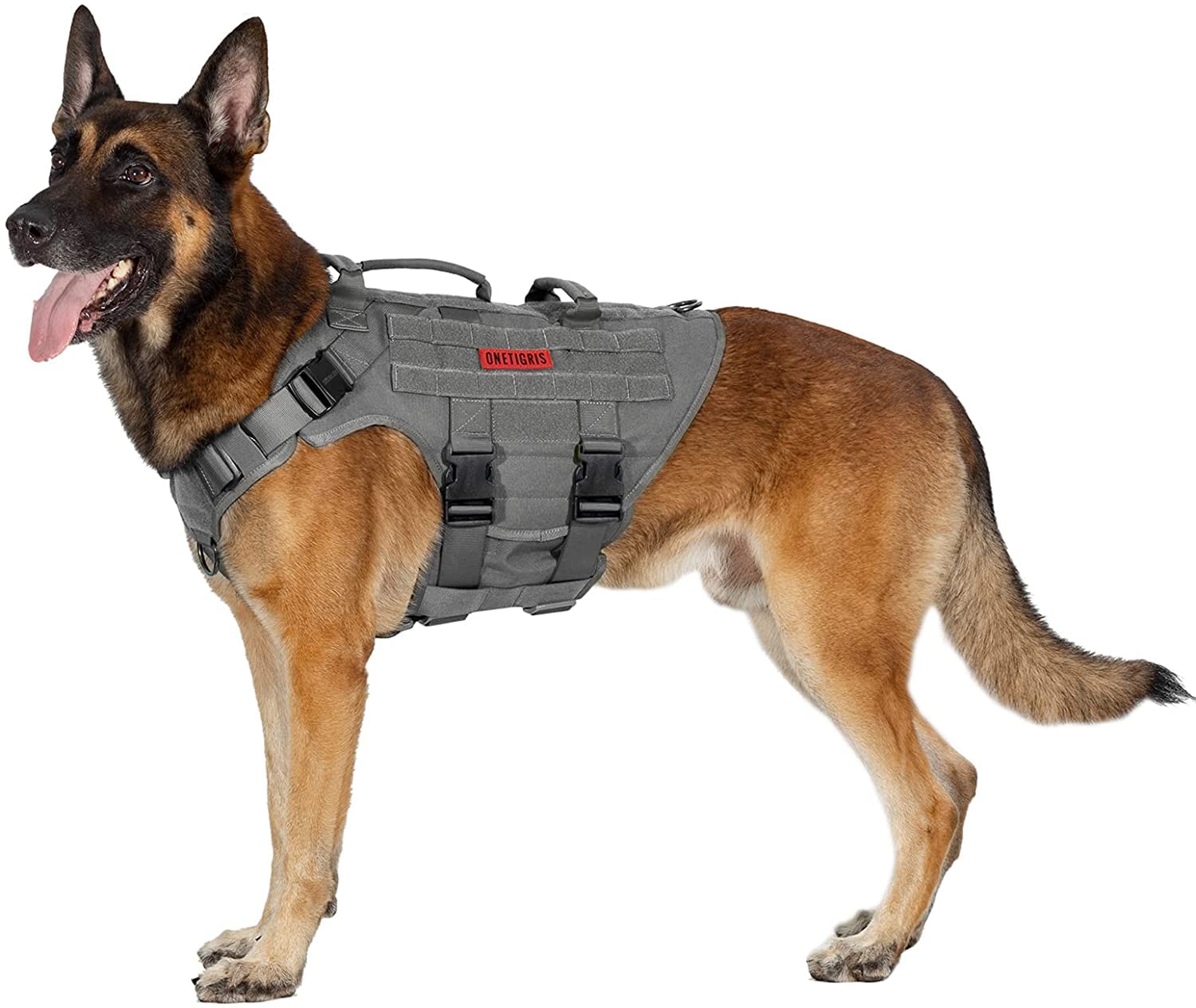 OneTigris Large Tactical Dog Harness, No Pulling Adjustable Dog Vest Harness, Heavy Duty Dog Harness with Handle, Large Hook and Loop Panels for Patch Black(Grey, L)