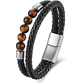 BIYONGDE Mens Black Leather Bracelet with 8MM Onyx Beads, Classic Black Leather Beaded Bracelet for Men, Minimalist and Urban Style