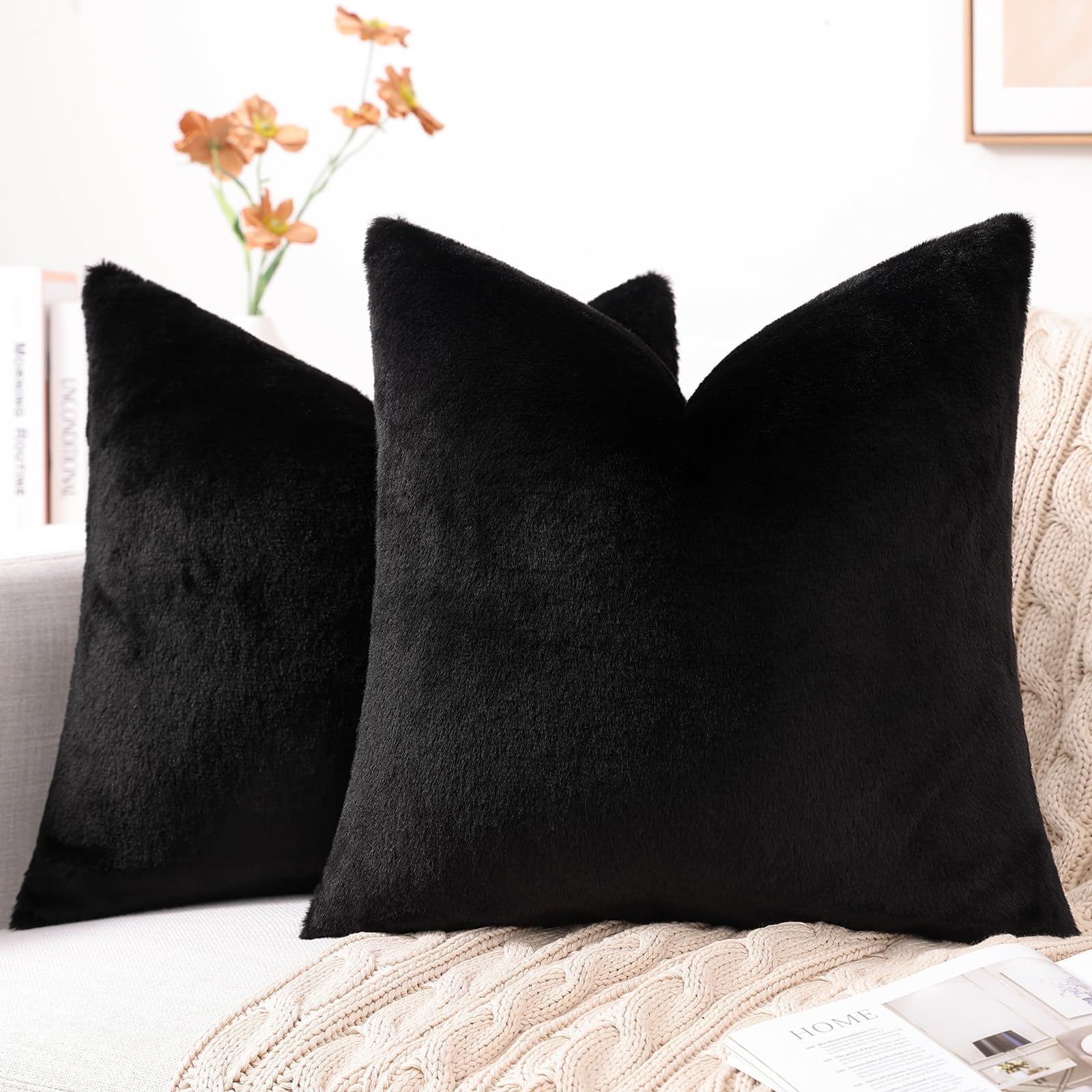 Photo 1 of (used/fair) Pallene Faux Fur Plush Throw Pillow Covers 24x24 Set of 2, Luxury Soft Fluffy Cozy Decorative Pillow Covers for Sofa, Couch, Living Room, Black