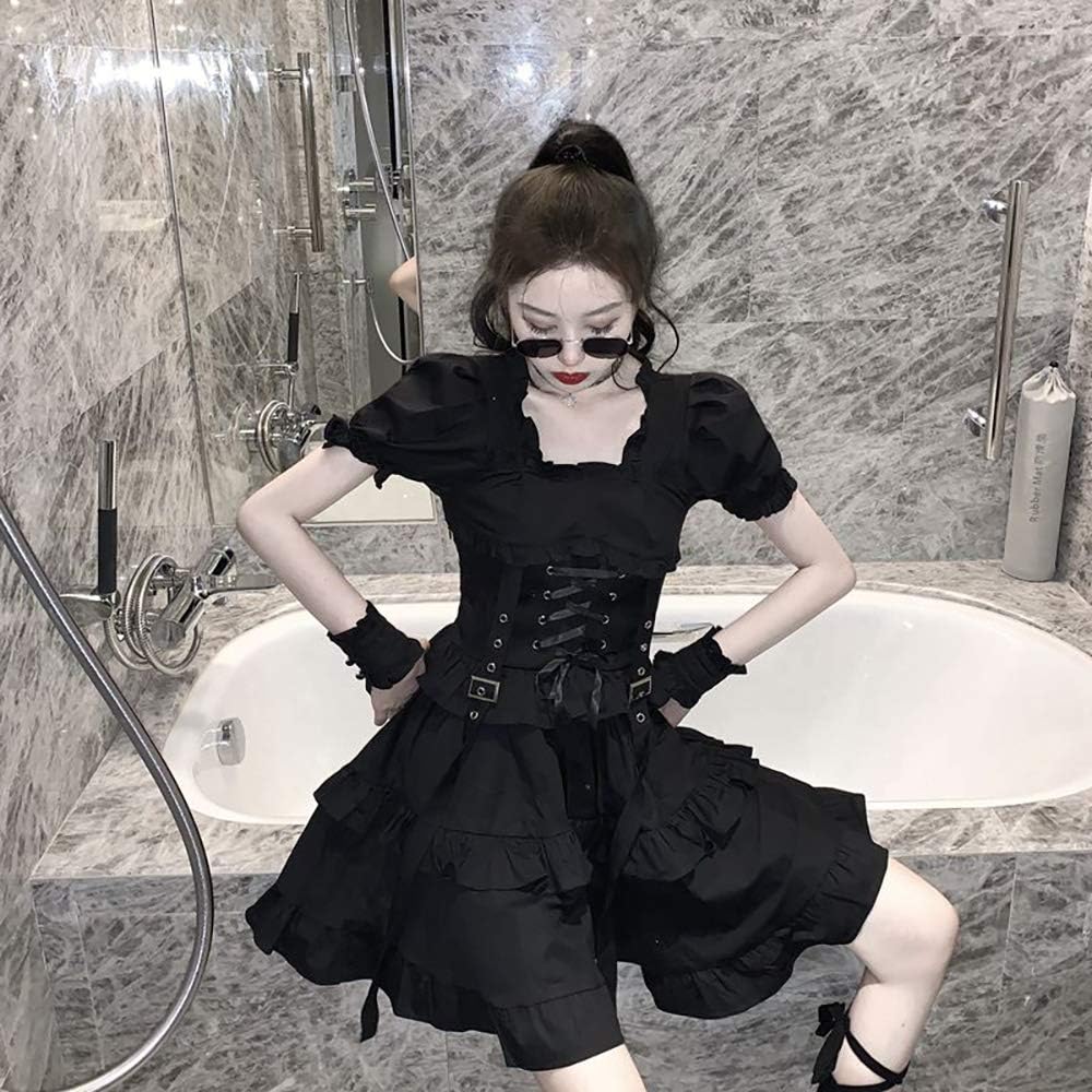 Amazon Co Jp Yemocile メンヘラ 服 ワンピース レディース ロリータ ゴシック ゴム 半袖 V系 ゴスロリ 黒 ブラック ミニ セクシー 夏服 服 ファッション小物