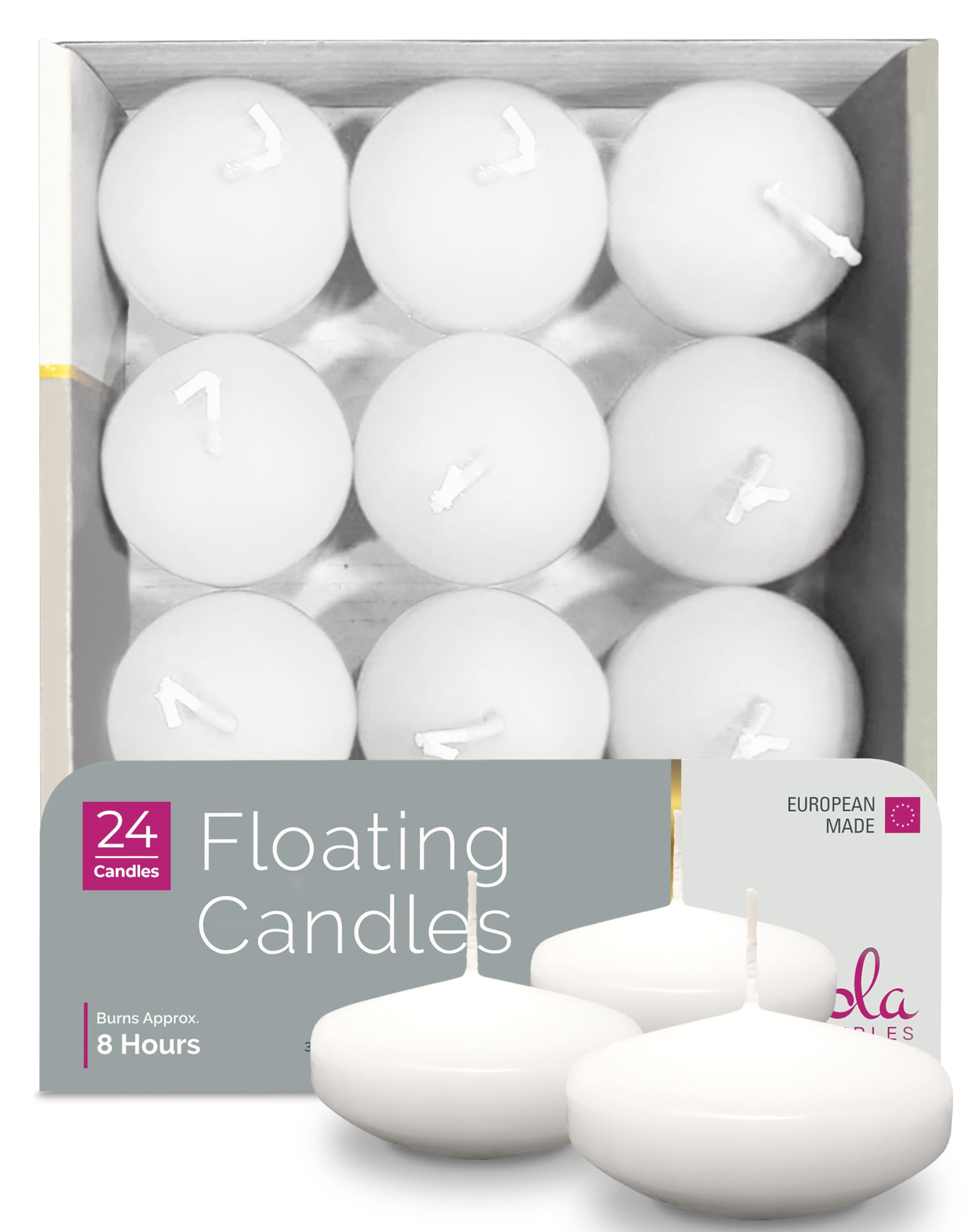 Hyoola Premium White Floating Candles Pack of 24 - Burn Time 8 Hours - 75 mm - Made in Europe