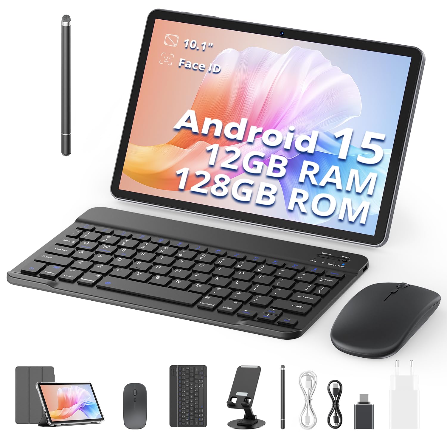 2025 Latest Tablet, 10 Inches, 12GB RAM + 128GB ROM (1TB TF) with Case, Pen, Keyboard and Mouse, Octa-Core, 1280 x 800 HD, 6000 mAh (with NTC), Widevine L1, 8MP + 5MP, 2.4G + 5G WiFi, GPS