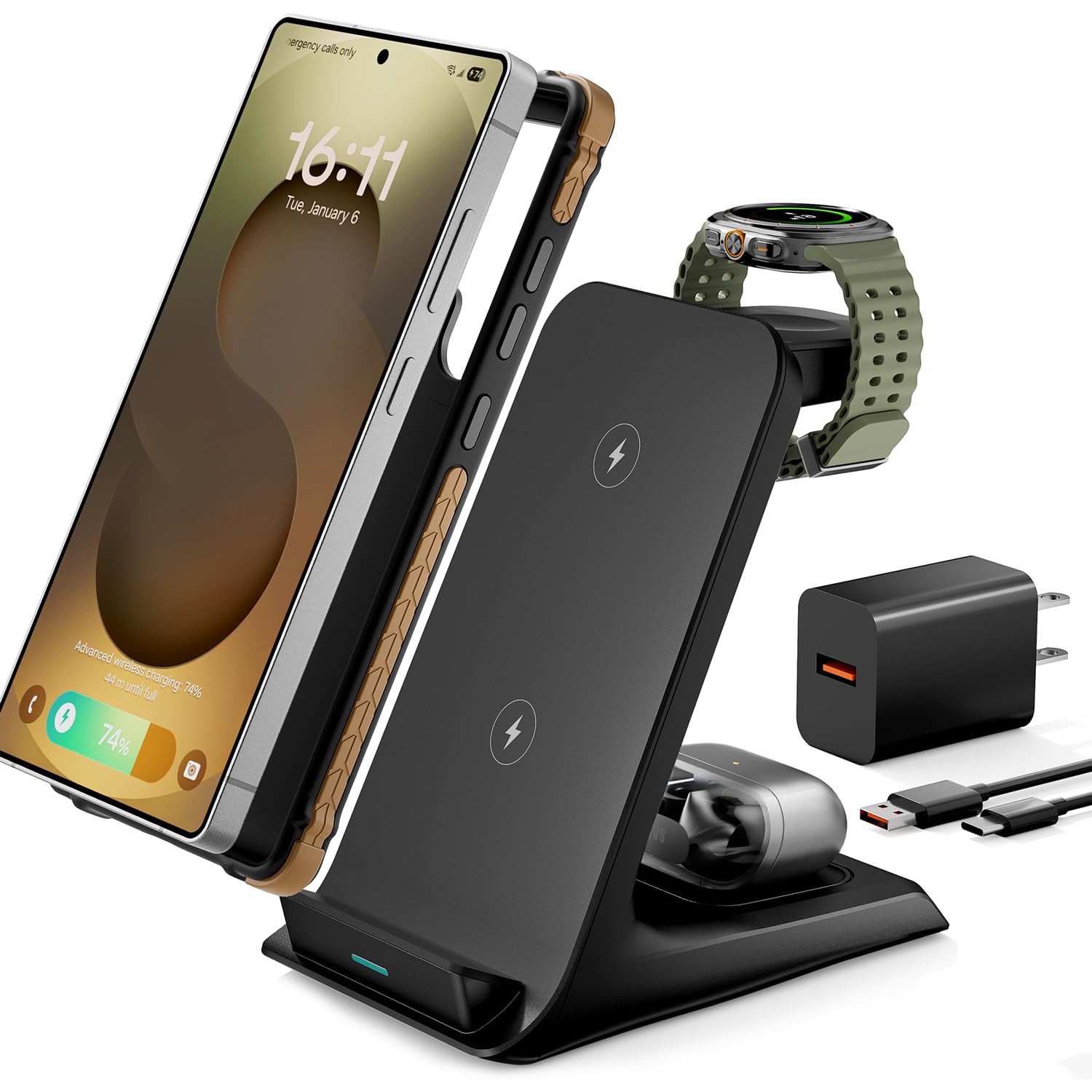 Eddibox 3 in 1 Charging Station for Samsung for Thick Cases of 10MM/Otterbox/Heavy Duty, Wireless Charger for Samsung Galaxy S26 Ultra/S25/S24, Phone Charger Stand for Galaxy Watch and Buds(Black)