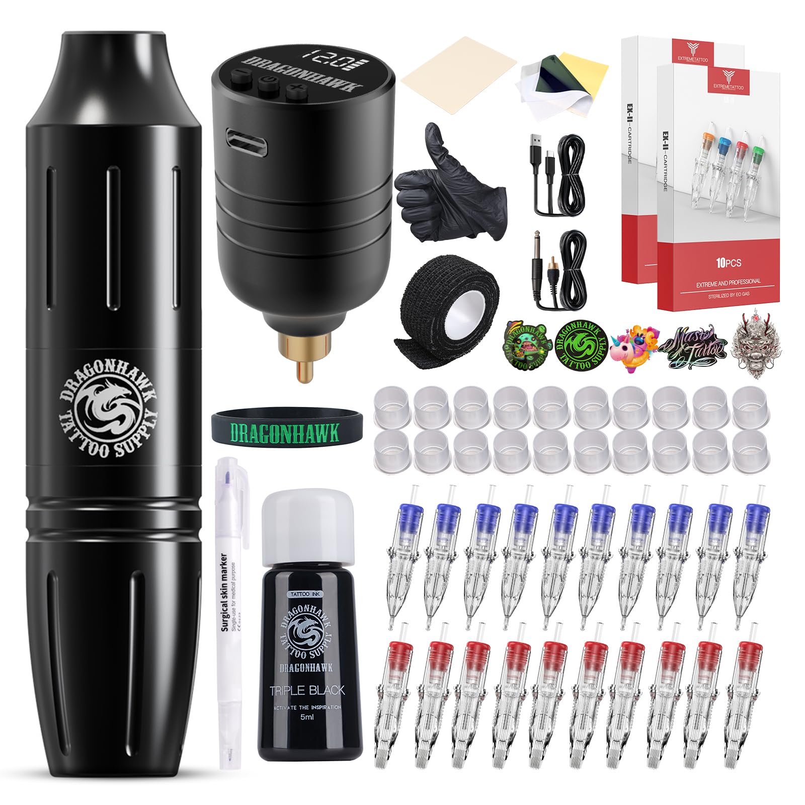 Dragonhawk Kit de pluma de tatuaje inalámbrica: máquina de pistola de tatuaje rotativa con batería de 1300 mAh, 20 agujas de cartucho, kit de tatuaje completo para principiantes