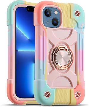 MARKILL Kompatibel mit iPhone 13 Hülle 6.1 Zoll mit eingebautem, um 360° drehbarem Ringständer, Militärqualität, Fallschutz, Ganzkörperschutz, robust, Schutzhülle für iPhone 13, Regenbogen-Rosa