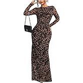 Verdusa Women's Y2k Cheetah Print Mesh Sheer Maxi Dress Leopard Long Sleeve Elegant Formal Wedding Guest Dress Cocktail