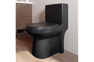 SOTOMO Compact One Piece Toilet Matte Black, Space-Saving Powerful Dual Flush Round Small Toilet for Bathrooms, Average 1.28 GPF, Skirted Design Upgraded UF Quiet & Soft Close Seat (12" Rough-in Toilet)