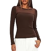 Darong Womens Mesh Sheer Long Sleeve Top Crew Neck Slim Fit Shirts Sexy Casual Going Out Blouses