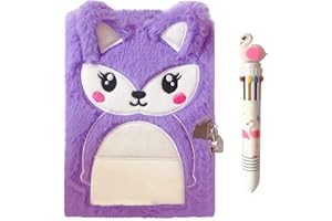 Luolizon Fox Diary for Girls with Lock and Keys,Cute Kids Journal Fluffy Notebook for Writing Drawing Gift Set with Multicolored Pen for Birthday