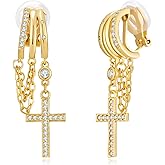14K Gold Plated Crystal Cross Clip On Earrings for Women - Non Piercing Triple Huggie Dangle Chain Hoops Earrings, Punk Chunky Christianity Statement Cross Earrings
