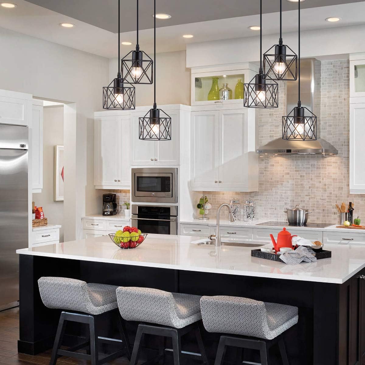 VILUXY Industrial 3-Light Pendant Lighting, with Black Metal Cage Shade, Adjustable Pendant Light for Kitchen Living Room Bedroom Hallway or Bar - - 