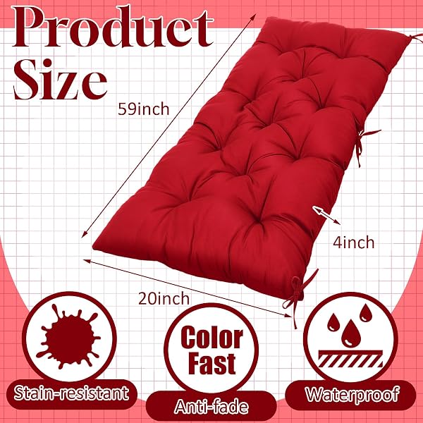 WENQIK OUTDOOR BENCH CUSHION 59 X 20 X 4 INCHES WATERPROOF OUTDOOR PORCH SWING CUSHION SOFT THICKEN CHAISE LOUNGE PAD WITH TIES FOR INDOOR GARDEN PATIO SEAT(RED,CLASSIC)