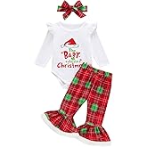Luckrizyy My First Christmas Outfit Newborn Baby Girl Romper Flare Leg Pants Headband Set Fall Winter Clothes 0-18M