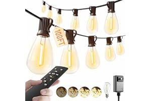 luckystyle 100FT LED Outdoor String Lights with Remote, 35+ 1 Shatterproof Bulbs Waterproof and Dimmable Patio Lights for Porch, Garden, Backyard, Deck, Balcony, 2700K Hanging Lighting