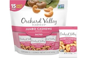 Orchard Valley Harvest Jumbo Cashews, 1 oz Bags (Pack of 15), Whole Roasted Salted Cashews, Gluten Free, No Artificial Colors, Flavors or Preservatives, Non-GMO, Snacks for Adults