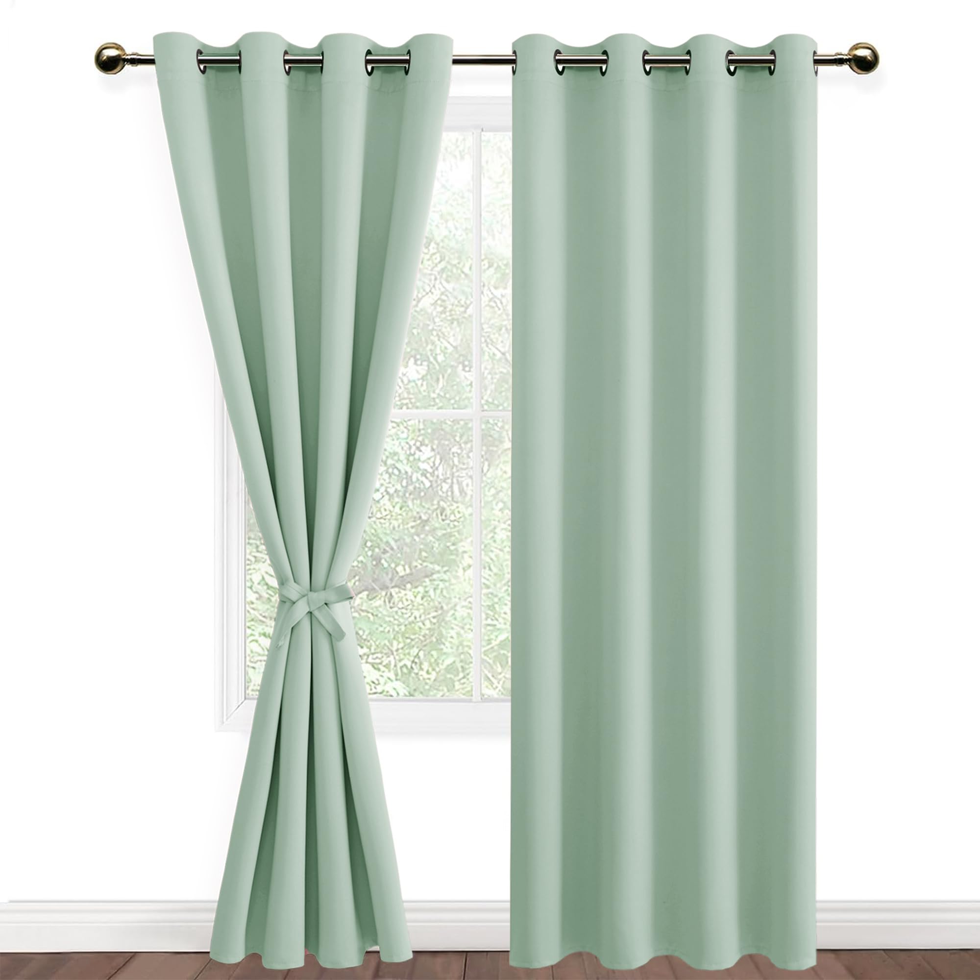 DWCN Blackout Curtains with Tiebacks for Bedroom Thermal Insulated Solid Eyelet Curtains for Living Room,2 Panels,52" Wide x 84" Drop Bean Green