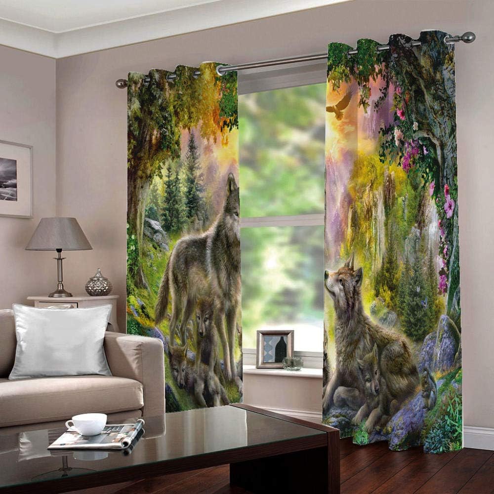 Asfwkd 3D Eyelet Blackout Curtains Wolf Blackout Curtains Thermal Insulated Room Darkening