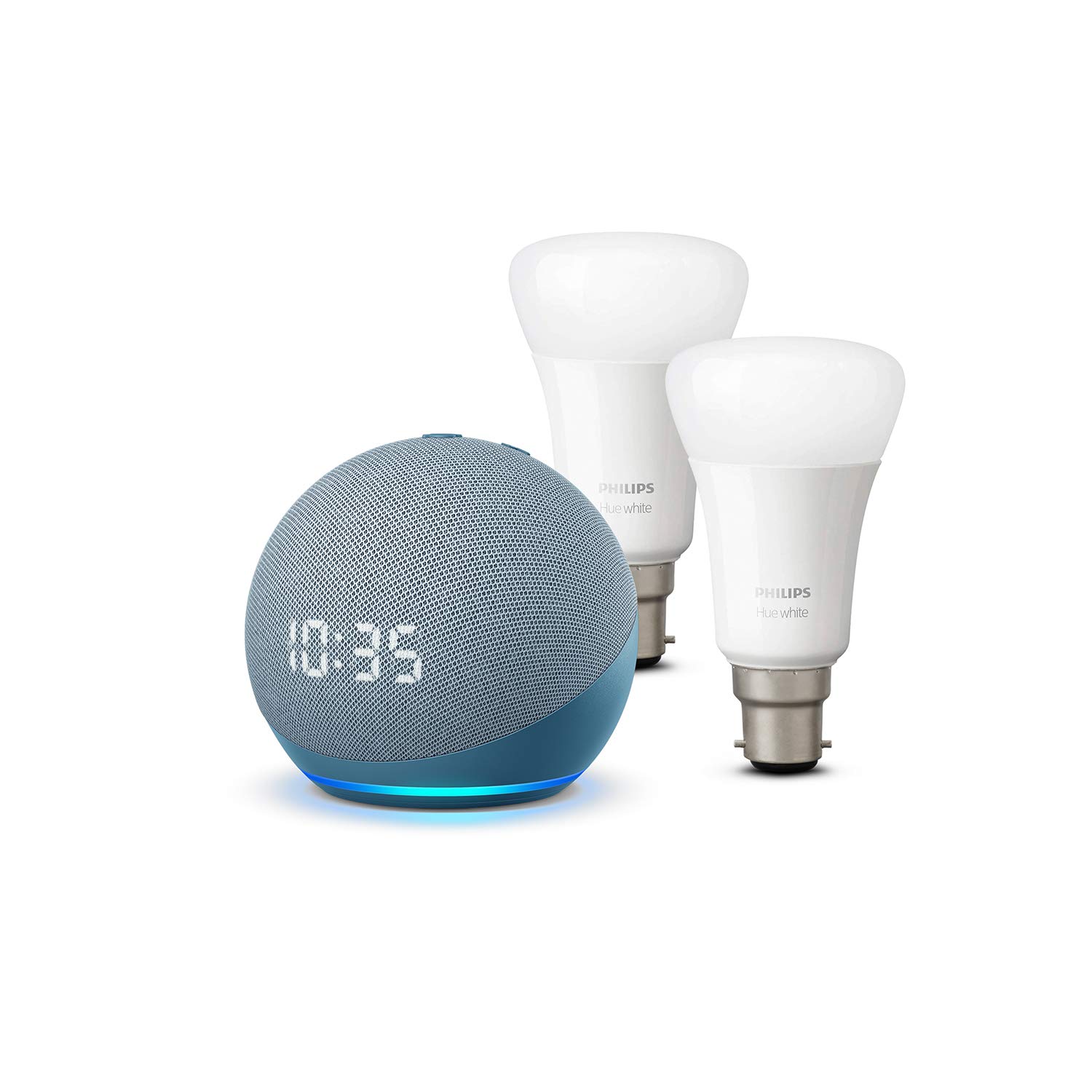Echo Dot (4th generation) with clock, Twilight Blue + Philips Hue White Smart Bulb Twin Pack (B22), Works with Alexa - Smart Home Starter Kit