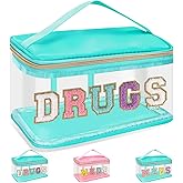 Chenille Letter Clear Makeup Bag DRUGS Pouch, Preppy Cute Small Meds Travel Bag Zipper with Handle, Transparent PVC & Nylon Waterproof Glitter Cosmetic Handbag Toiletry Storage for Women(DRUGS-Green)