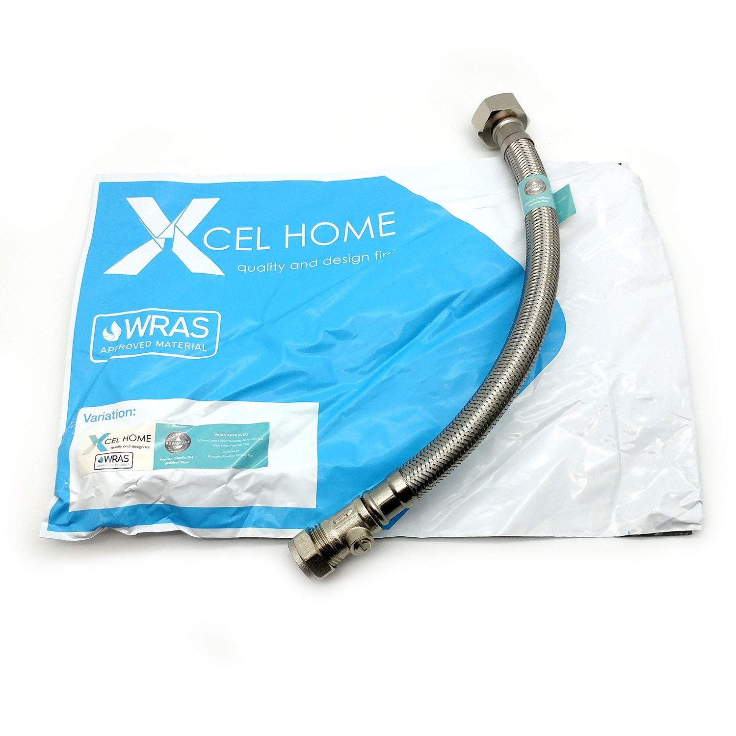 Xcel Home WRAS Approved 300mm 15mm Compression with Isolation Valve x 3/4" Flexible Pipe Connector Stainless Steel Braided