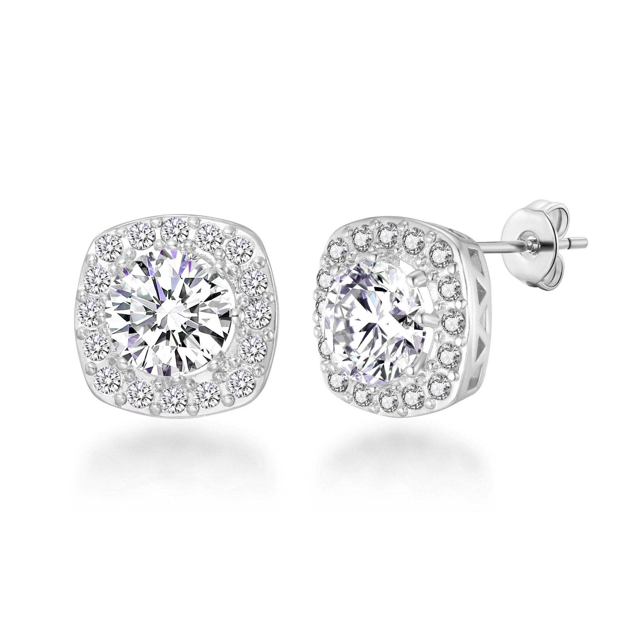 Philip Jones Silver Plated Square Halo Earrings Created with Zircondia® Crystals