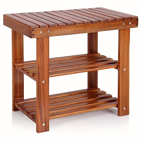 Deuba Schuhbank Schuhregal Sitzfläche Sitzbank Holz 3 Ebenen, 50 x 46 x 30 cm massiv Schuhablage Holzregal, Braun