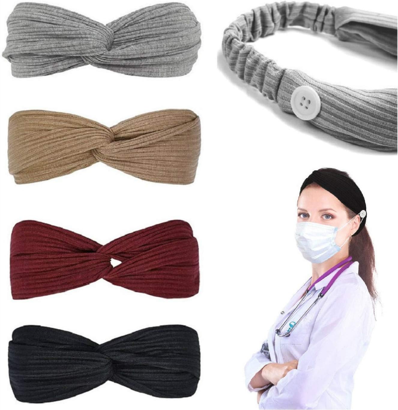 Huachi Button Headbands for Nurses Women Men Twist Hair Bands Stretchy for Doctors - Protect Your Ears - Fashion Hair Accessories, Solid Colors, 4 Pack