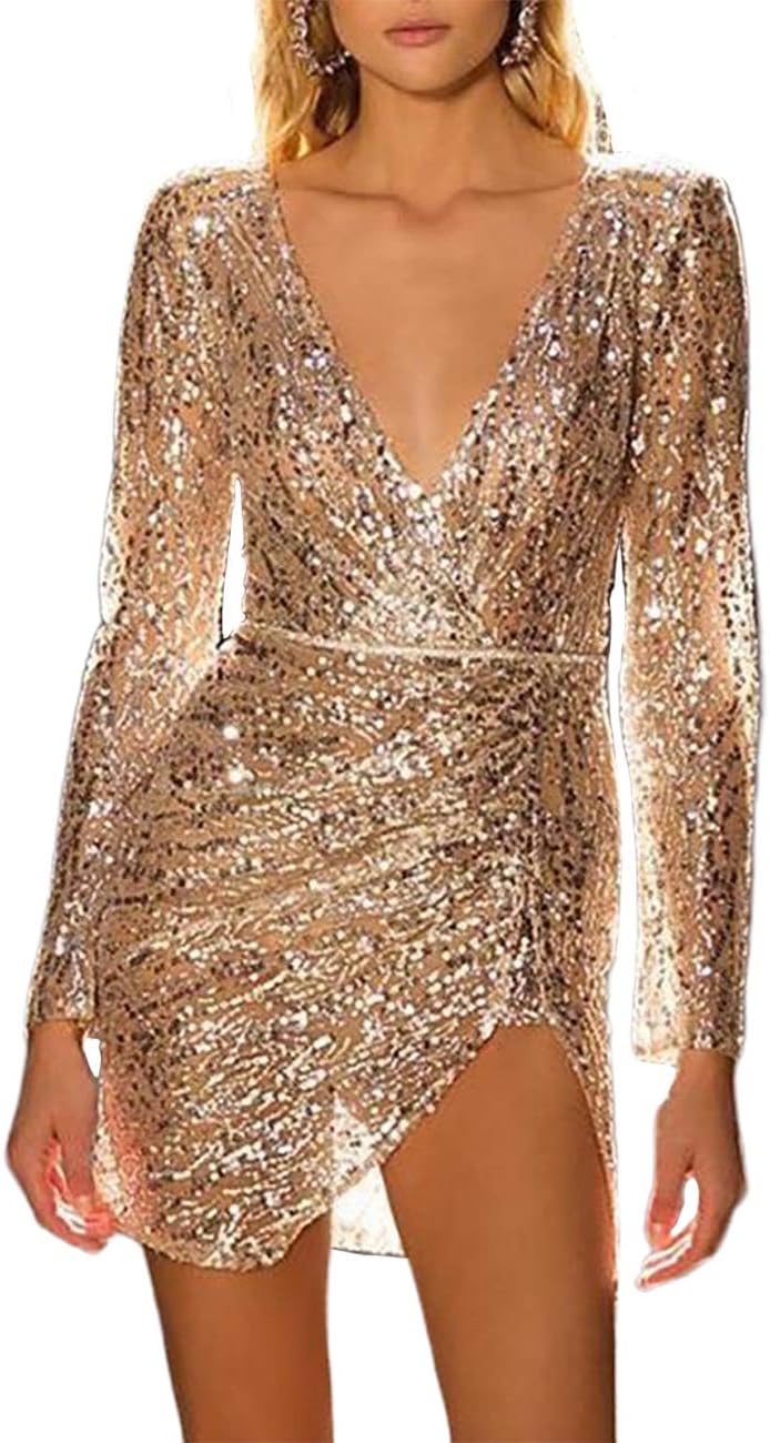 chic me sequin dress ChicMe Women's Gold Button Sequin Mesh Splice Deep V-Neck Sleeveless Bodycon Dress, Party, Cocktail, Holiday Attire Elegant