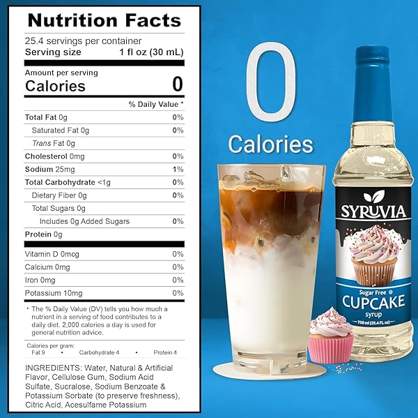 SYRUVIA SUGAR FREE COFFEE SYRUP, CUPCAKE FLAVORED SYRUP FOR DRINKS, LATTES, AND DESSERTS – 25.4 FL OZ