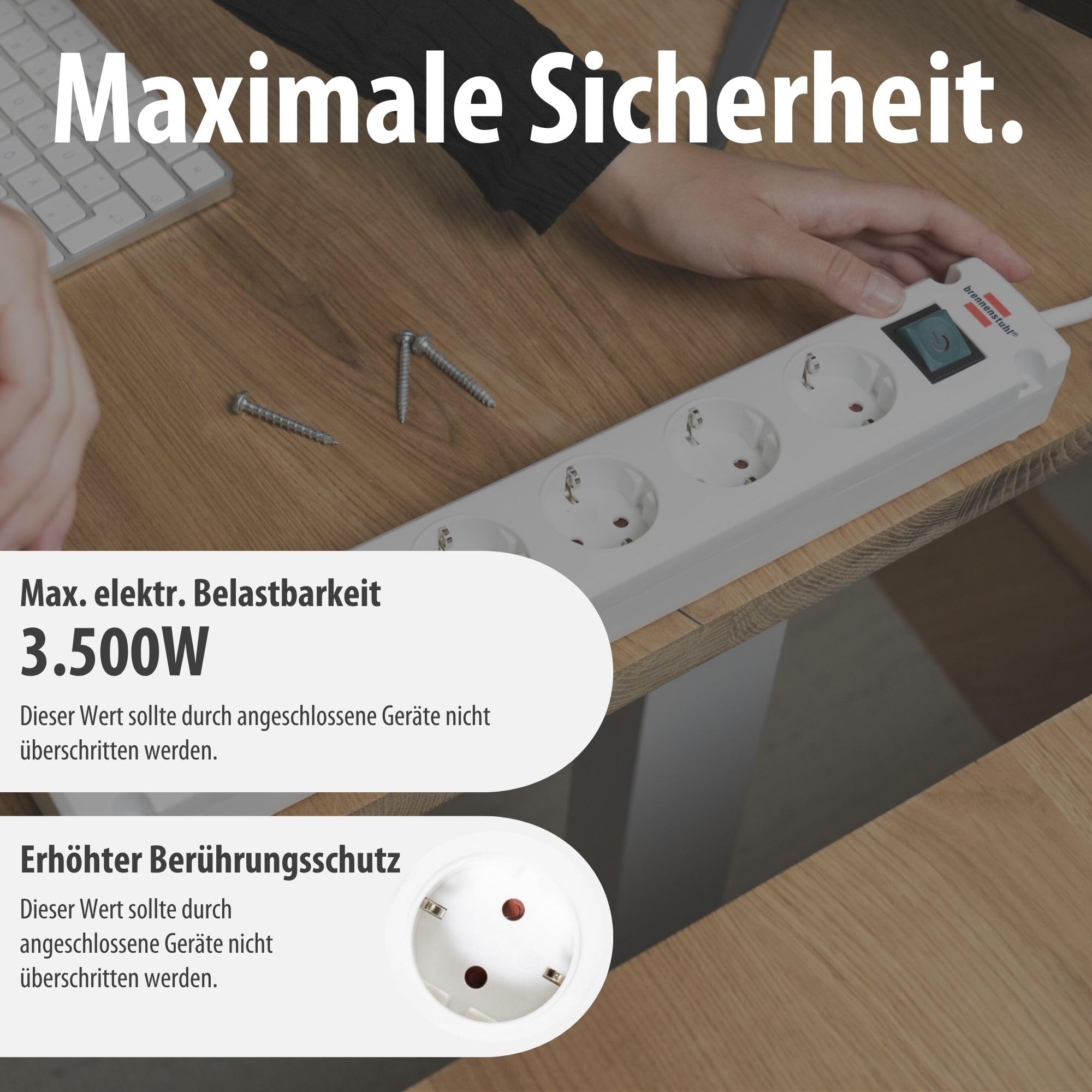 Brennenstuhl Bremounta Steckdosenleiste 5-Fach mit USB C-Ladefunktion (Mehrfachsteckdose mit Schalter, Steckerleiste Wandmontage, 2X USB C und 3m Kabel) weiß 5