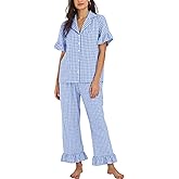 Flygo Womens Plaid Pajamas Sets 2 Piece Cotton Pj Set Ruffled Sleeve Button Down Shirt Gingham Pants Lounge Sets