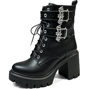 MEOTINA Platform Combat Boots Goth Chunky Heel Ankle Boots for Womens Punk Buckle Gothic Boot with Zipper Lace Up Black Dress