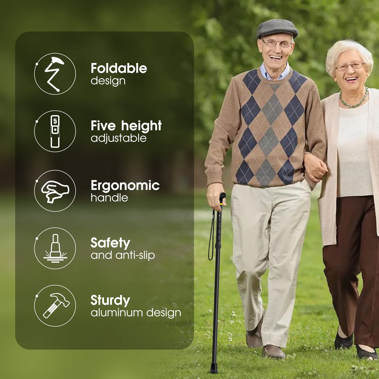 Folding Cane, Walking Poles with Adjustable Height, Canes for Men, Women and for The Elderly, Aids for People WithLlimited Mobility(Black)