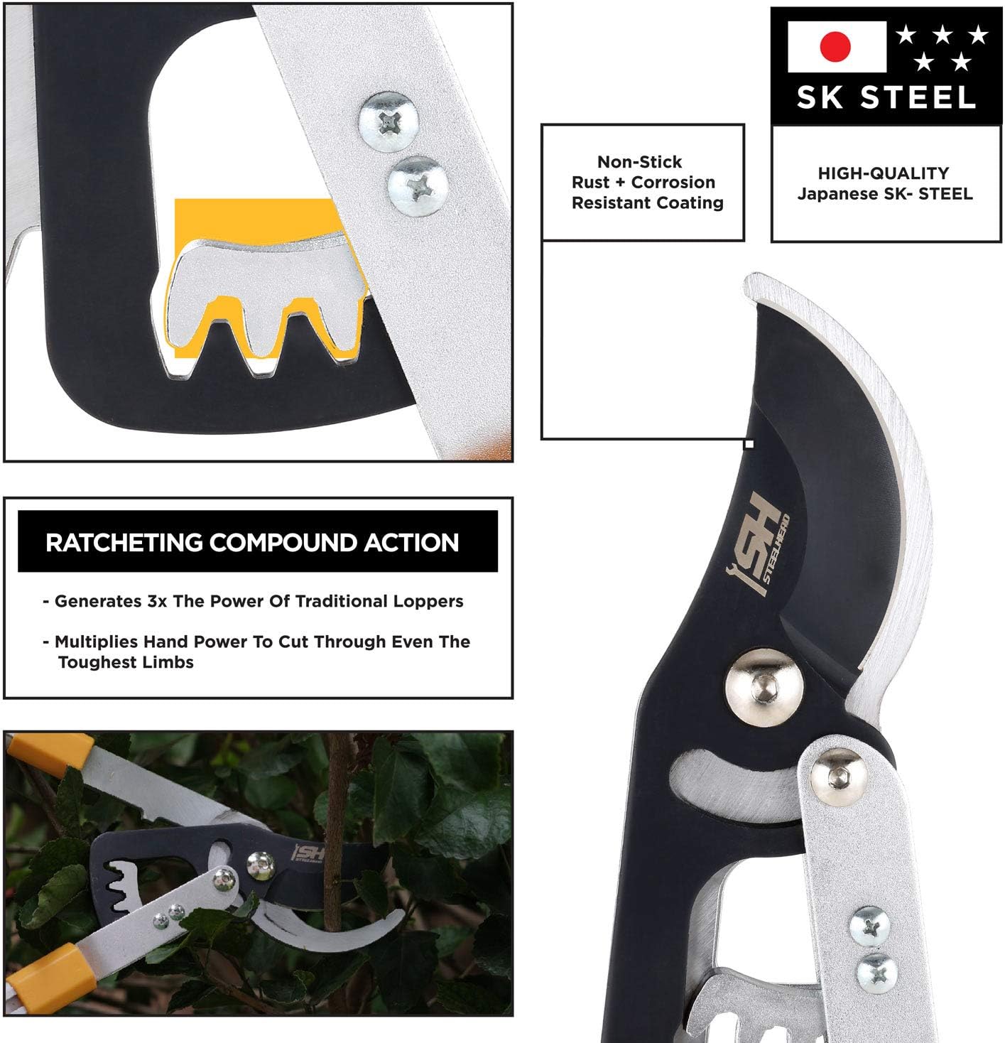 STEELHEAD Heavy-Duty 27-40" Adjustable Gear-Bypass Limb & Branch Lopper, Telescoping Extendable Handles, Ratcheting, Cuts Up to 1-3/4”, Secateurs, Shock-Absorbing, Effort-Saving, USA-Based Support : Garden & Outdoor