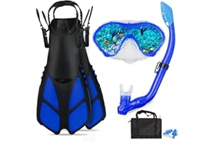 AosDero Kids Snorkeling Set - Adjustable Flippers + Panoramic Snorkel Mask + Dry Snorkel Tube + Travel Bags - Suitable for Kids & Juniors, Age 5-14