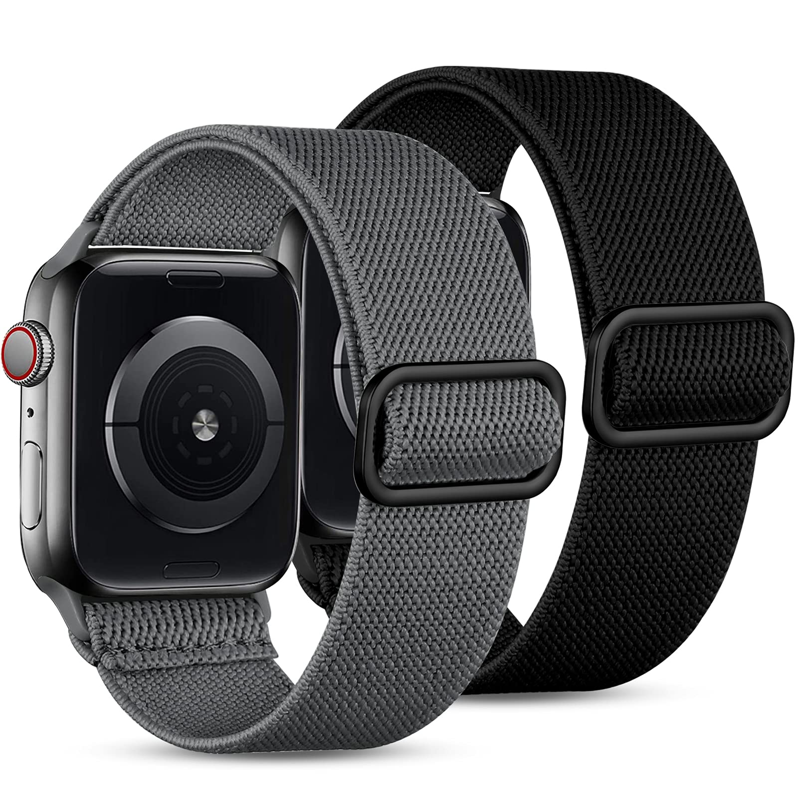 JUVEL Pack 2 Strap Compatible with Apple Watch Straps 45mm 44mm 41mm 40mm 38mm 42mm 49mm, Nylon Sport Elastic Replacement Solo Loop for iWatch SE Ultra Series 8 7 6 5 4 3 2 1, Black/Grey