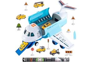 iHaHa Spray Airplane Toys for Boys/Girls, Large Transport Cargo Airplane with 6 Construction Vehicle 10 Road Signs 1 Play Mat