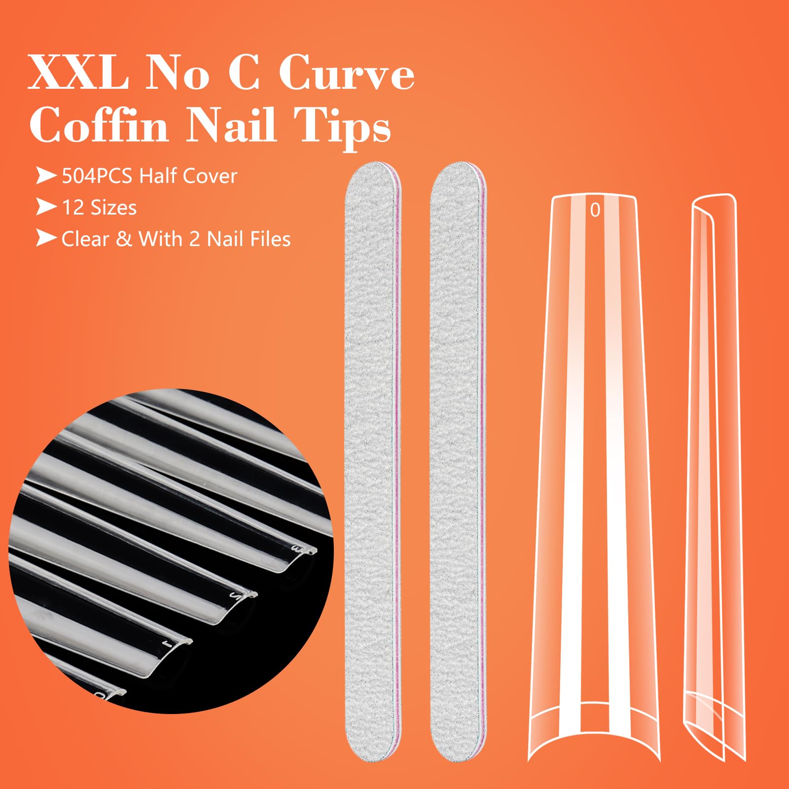 Long Clear Coffin Nails Tips: 504Pcs XXXL Extra Long No C Curve Nail Tips Coffin - Half Cover Gel Acrylic Nail Tips for Women Salons Home DIY with 2 Nail Files - Image 2