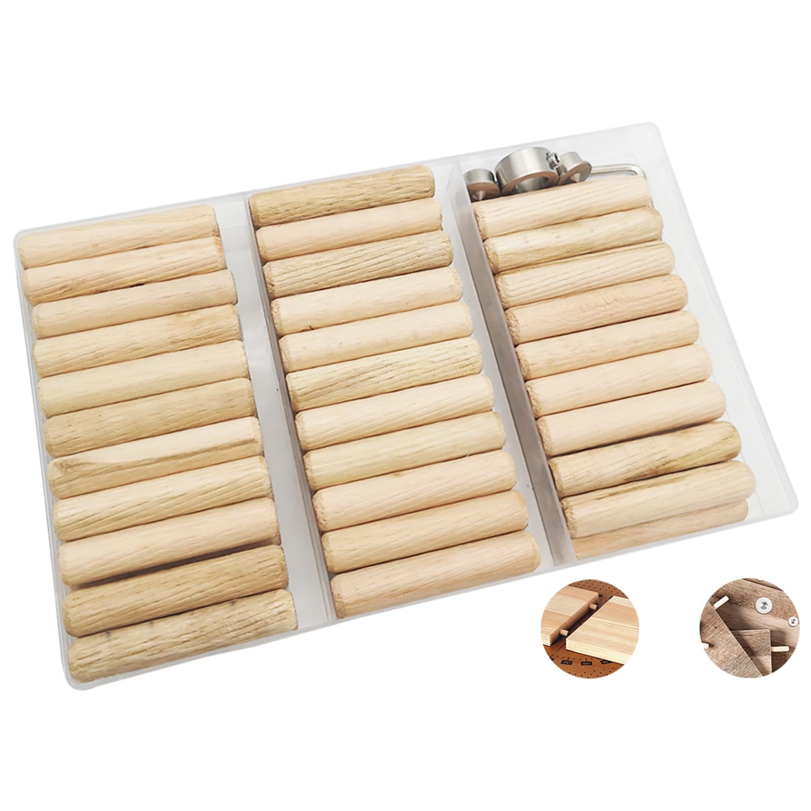 Wooden Dowel, CESFONJER 10 mm Dowel Kit, 63 pcs Wooden Dowel Pins, 2 pcs Dowel Pin Center and 1 pcs Drill Depth Stop, with Hex Wrench for Grooved Fluted, Craft, DIY, Carpentry