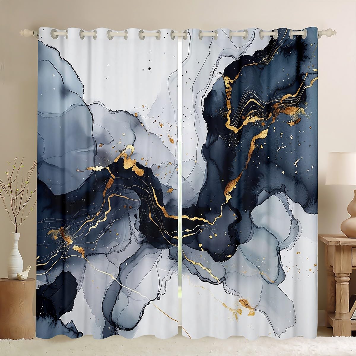 Homemissing Blue and White Marble Curtains Modern Marble Aesthetic Darkening Drapes Retro Watercolor Artwork Design 30%-50% Blackout Curtains Abstract Gold Marble Window Treatments W66*L72