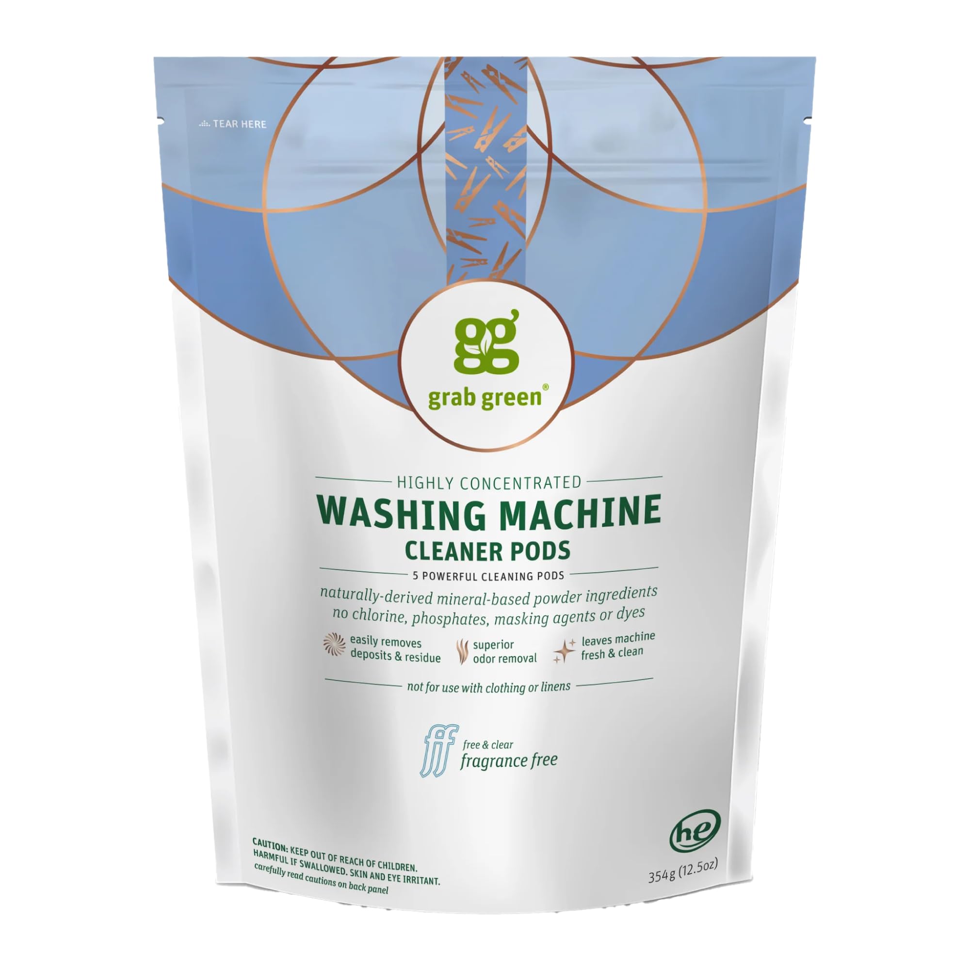 Grab Green Washing Machine Cleaner, 5 Count, Fragrance Free, Mineral Based Removes Deposits and Odors, Naturally Cleans