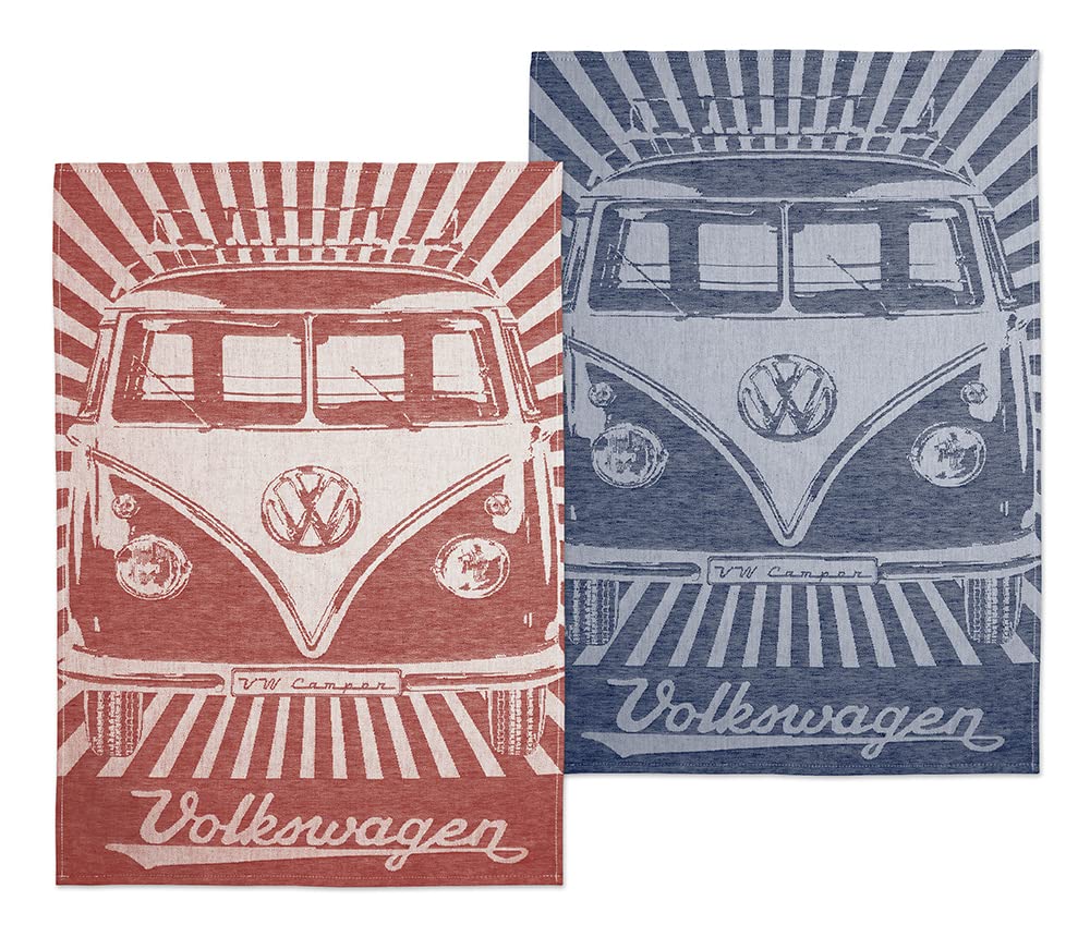 BRISA VW Collection - Volkswagen Dish Drying Kitchen Tea Towel 2-piece Set Cotton and Linen in T1 Bus Campervan Design (Samba Stripes/Red)
