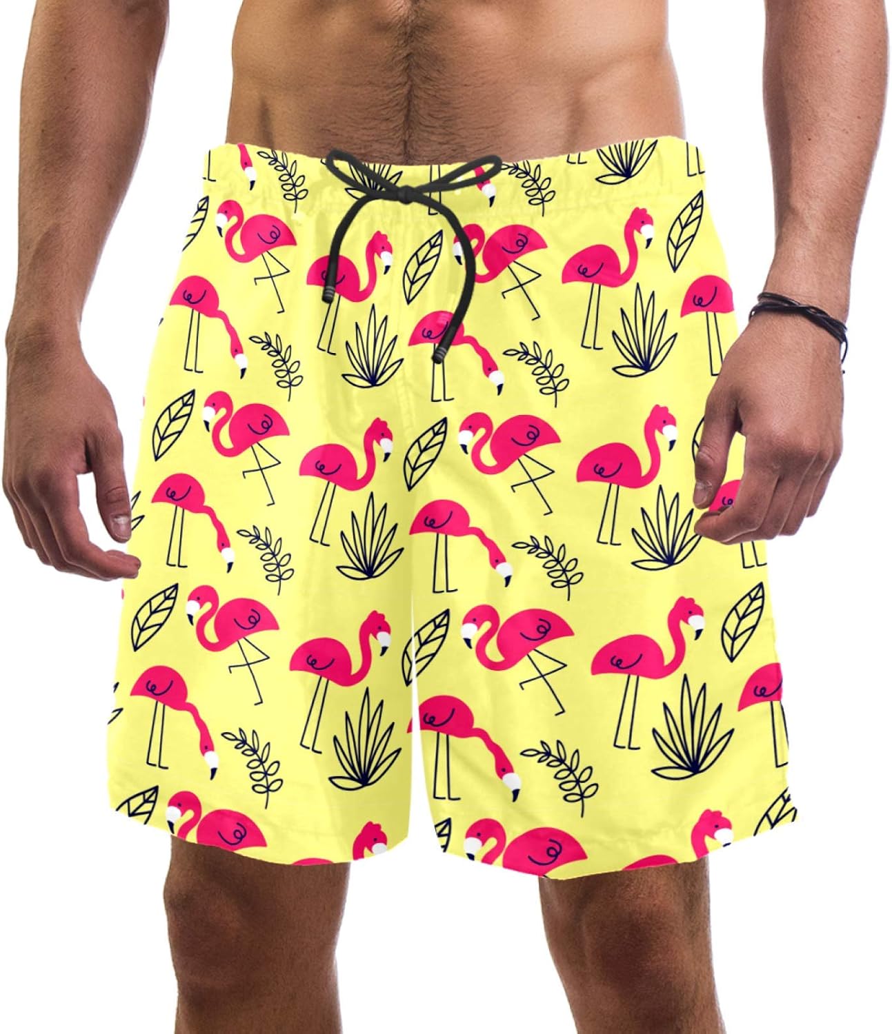 nakw88 Yellow Flamingo Swim Shorts for Men Swim Trunks Men’s Bathing