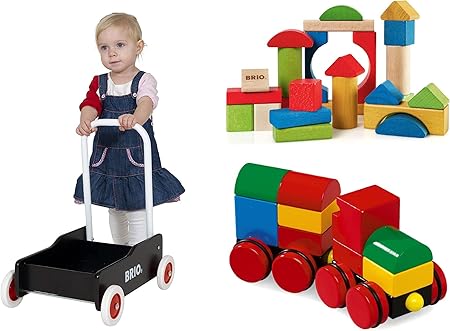Amazon 3点セット 手押し車 黒 カラー つみき 25ピース マグネット式スタッキングトレイン 赤 木製 おもちゃ 知育玩具 出産祝い 手押し車 プルトイ おもちゃ