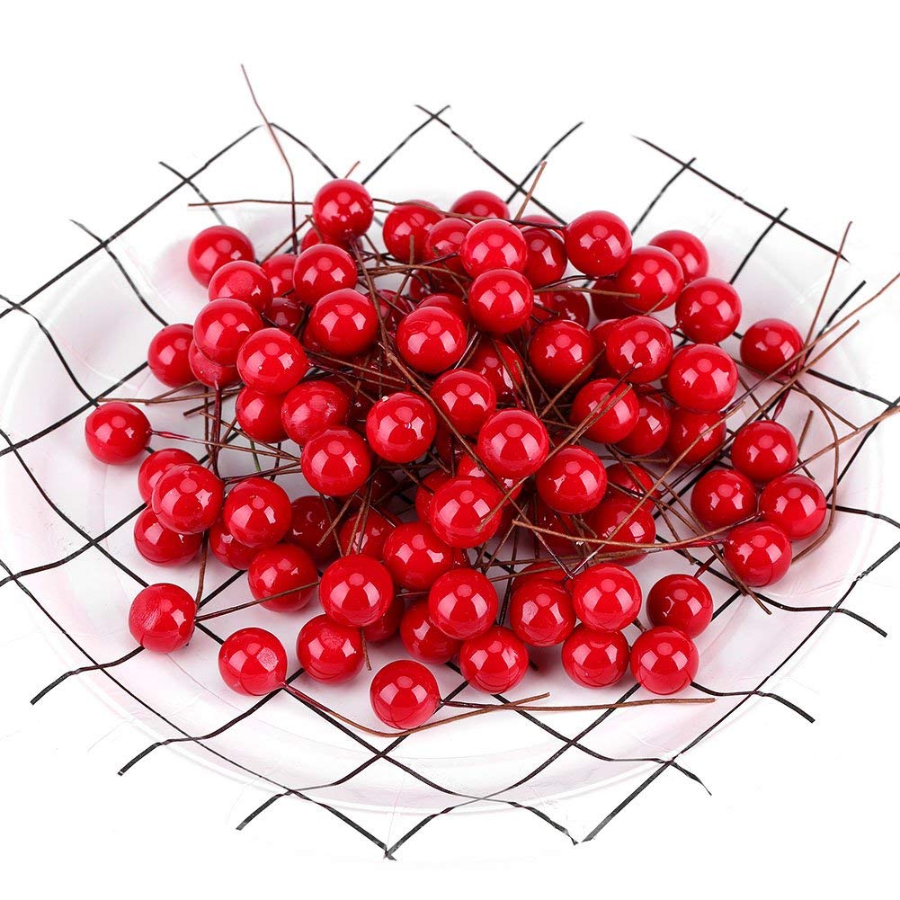 100pcs Artificial Cherries Lifelike Simulation Red Holly Berry Christmas Fake Fruit Model for Home Kitchen Party Decoration Hanging Ornaments