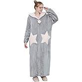 Hellomamma Womens Robe Hooded Zipper Flannel Bathrobes Housecoat Ladies Plush Fleece Warm Sleepwear Long Pajamas Nightgown